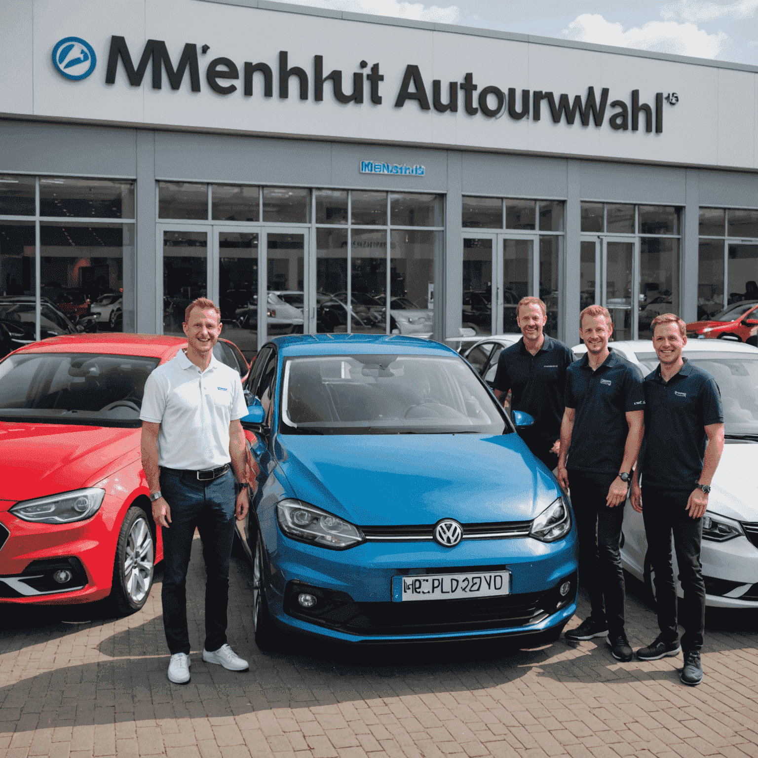 Das MeineAutoWahl-Team steht vor einer Auswahl verschiedener Fahrzeuge. Im Vordergrund sieht man moderne Elektroautos, klassische Familienwagen und sportliche Modelle. Das Team trägt einheitliche Poloshirts mit dem MeineAutoWahl-Logo und lächelt freundlich in die Kamera. Im Hintergrund ist eine helle, moderne Ausstellungshalle zu sehen.