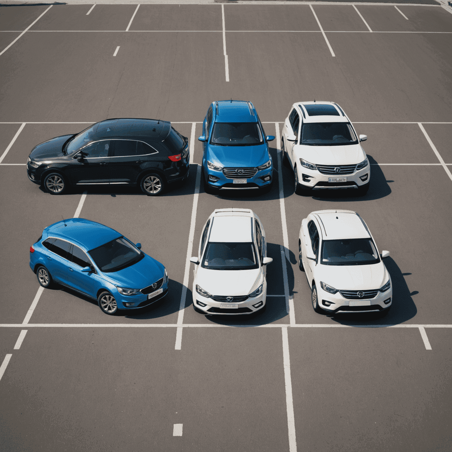 Fünf verschiedene Familienautos in einer Reihe geparkt, mit unterschiedlichen Größen und Designs, die Vielfalt und Auswahl symbolisieren