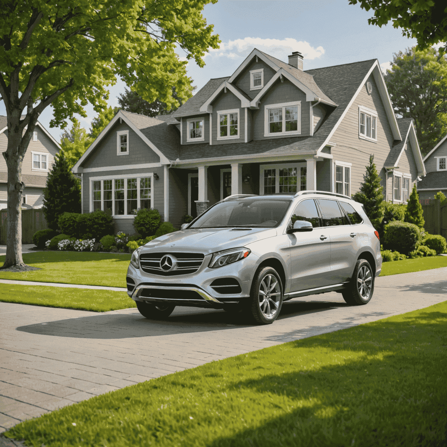 Ein modernes Familienauto in Silber, geparkt vor einem gemütlichen Einfamilienhaus mit grünem Rasen. Im Hintergrund sind Bäume zu sehen, die eine natürliche und einladende Atmosphäre schaffen.