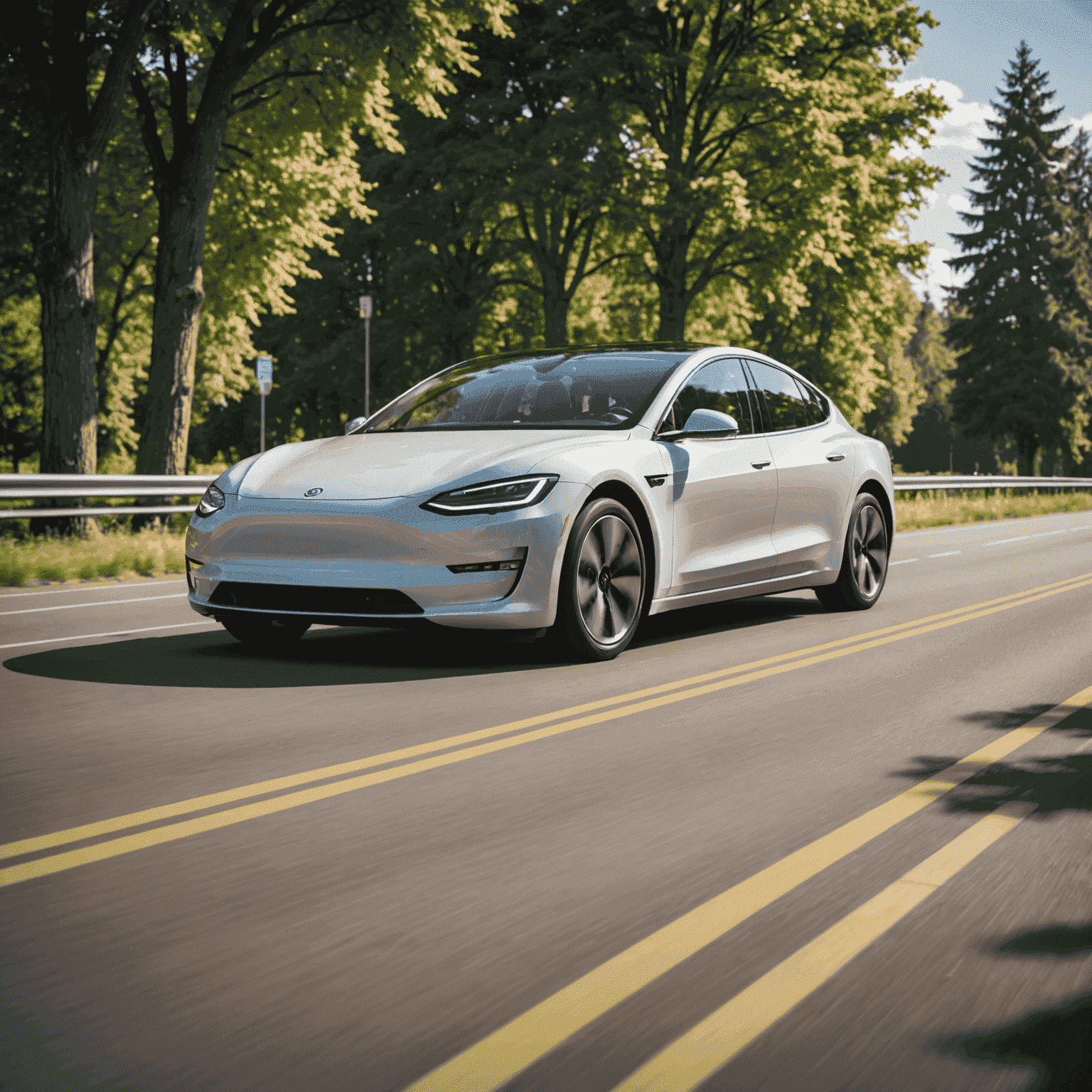 Ein modernes Elektroauto neben einem klassischen Verbrenner auf einer offenen Straße mit Bäumen im Hintergrund