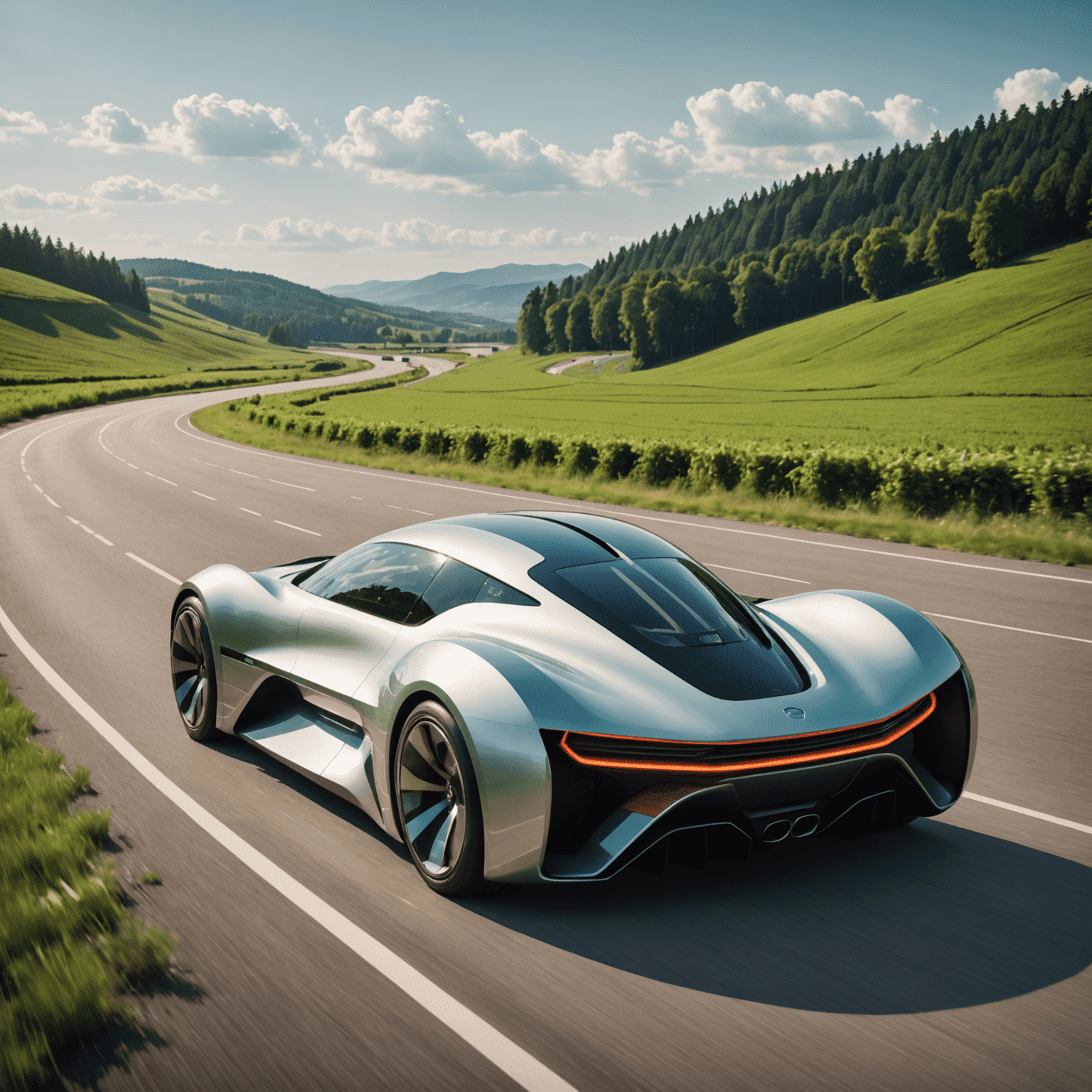 Futuristisches Konzeptauto auf einer offenen Straße, umgeben von grüner Landschaft. Das Auto hat glatte, aerodynamische Linien und ein hochmodernes Design mit holzähnlichen Akzenten.