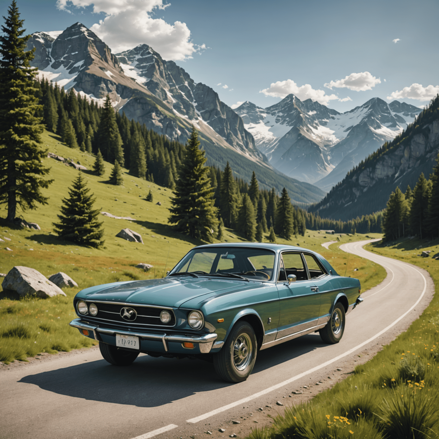 Ein modernes Auto in einer offenen Landschaft, umgeben von Bäumen und Bergen, das Freiheit und Abenteuer symbolisiert