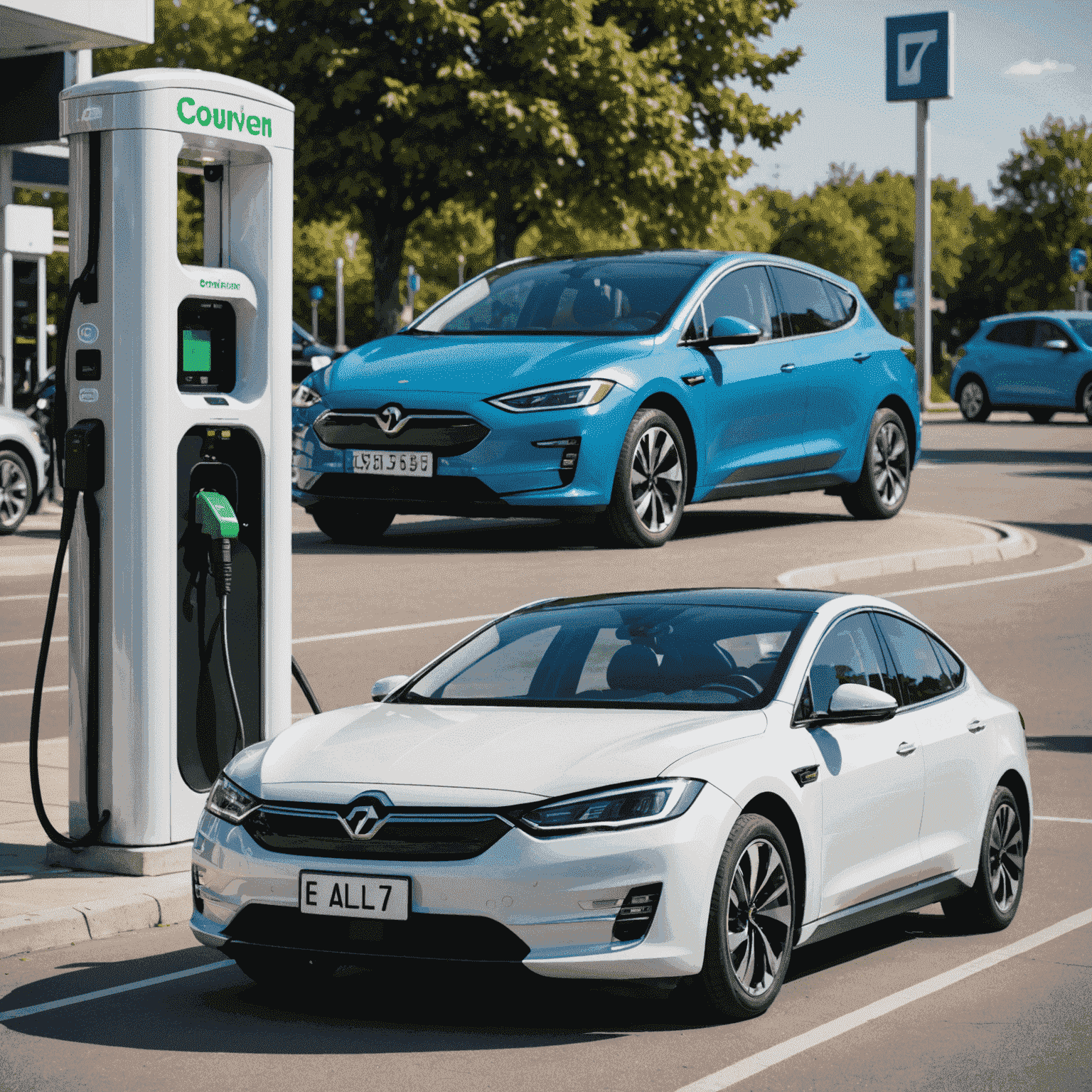 Split-Screen-Bild: links ein modernes Elektroauto an einer Ladestation, rechts ein klassischer Verbrenner an einer Tankstelle, symbolisiert den Vergleich