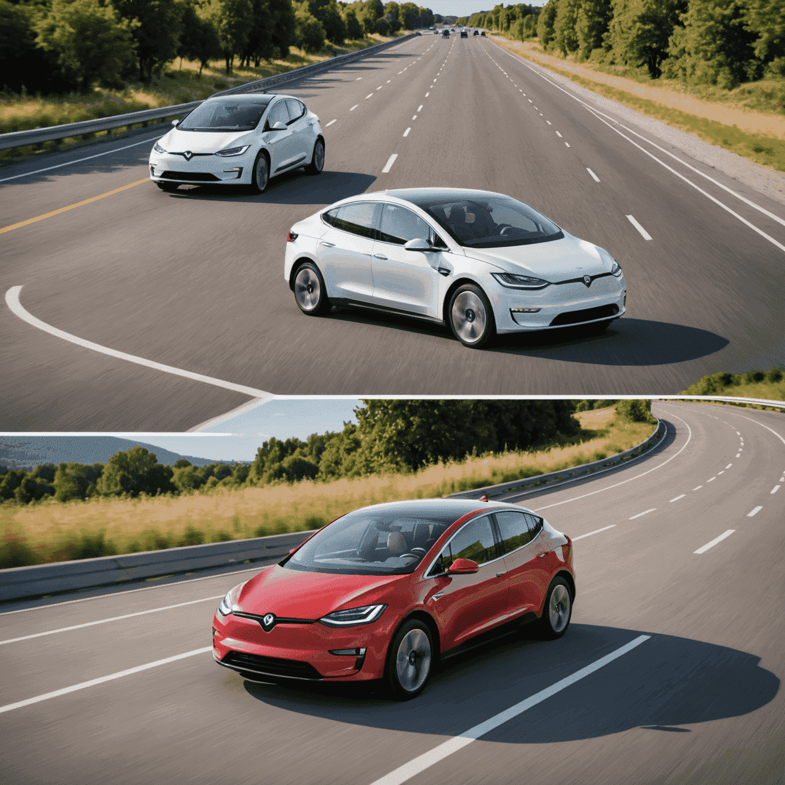 Eine Splitscreen-Darstellung eines Elektroautos und eines konventionellen Autos nebeneinander auf einer offenen Straße, die die Unterschiede visuell hervorhebt.