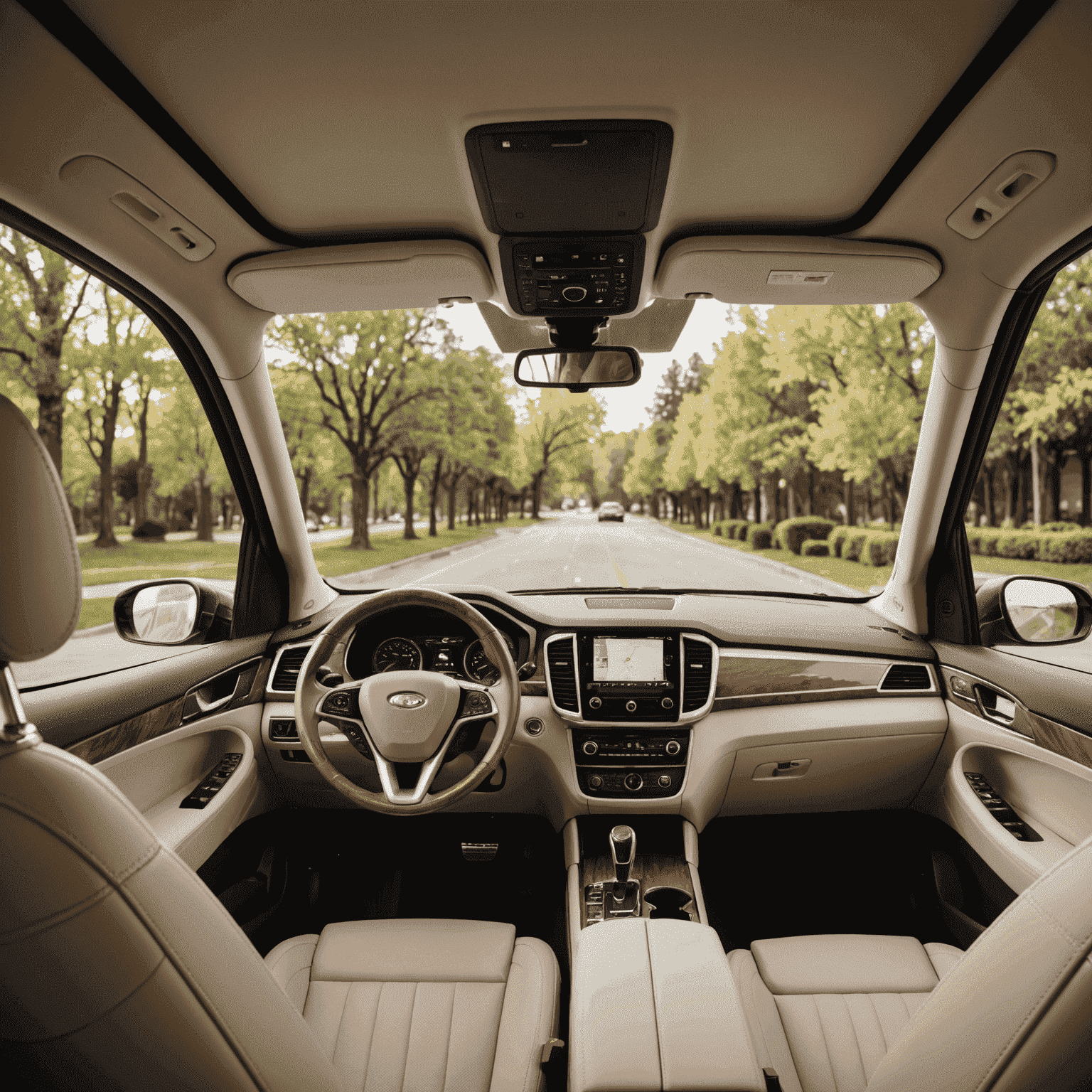Innenansicht eines modernen Familienautos mit hellem Holzdekor. Das Armaturenbrett zeigt ein großes Touchscreen-Display, umgeben von hochwertigen Holzelementen. Die geräumigen Ledersitze in Cremefarben bieten Platz für die ganze Familie.