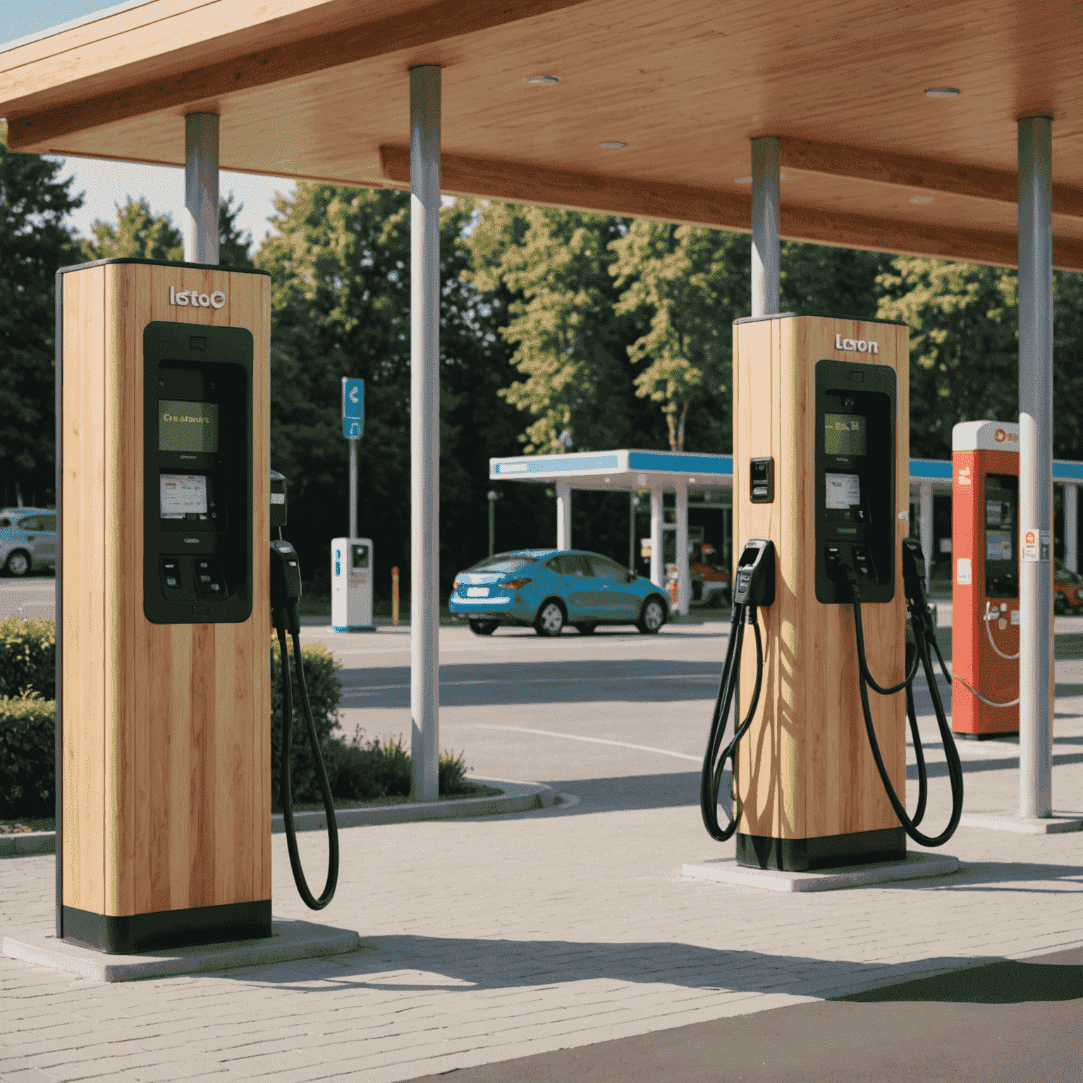 Splitscreen: Links eine Elektro-Ladestation in moderner Umgebung, rechts eine klassische Tankstelle mit Holzelementen