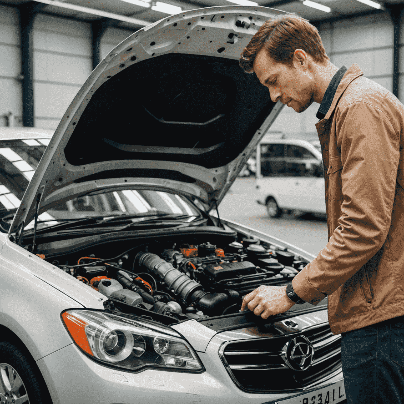 Eine Person, die den Motorraum eines Gebrauchtwagens sorgfältig inspiziert, mit Fokus auf die professionelle Fahrzeugprüfung