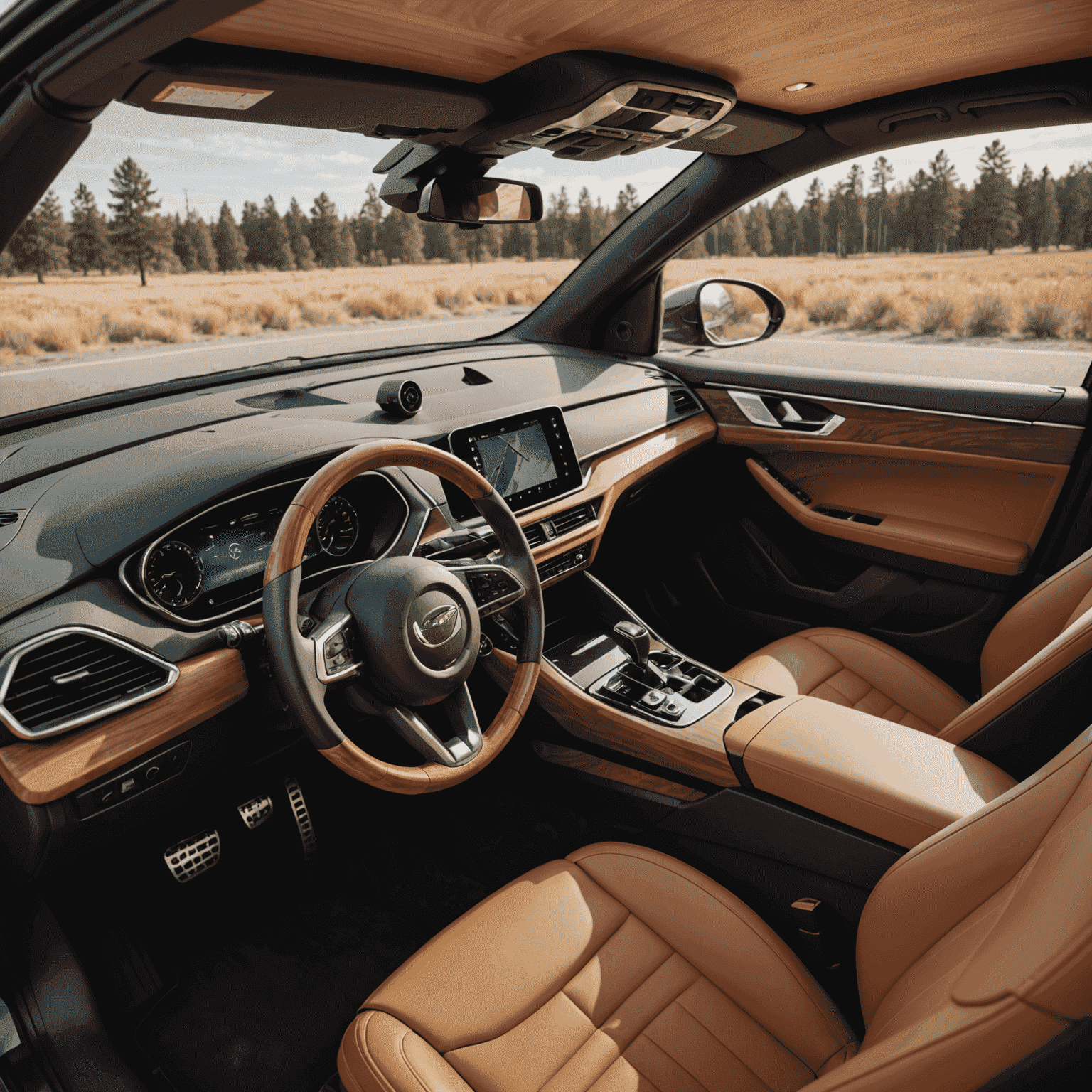 Innenraum eines autonomen Fahrzeugs mit holzverkleideten Armaturen. Der Fahrersitz ist gedreht und die Insassen genießen eine entspannte Atmosphäre, während das Auto selbstständig fährt.