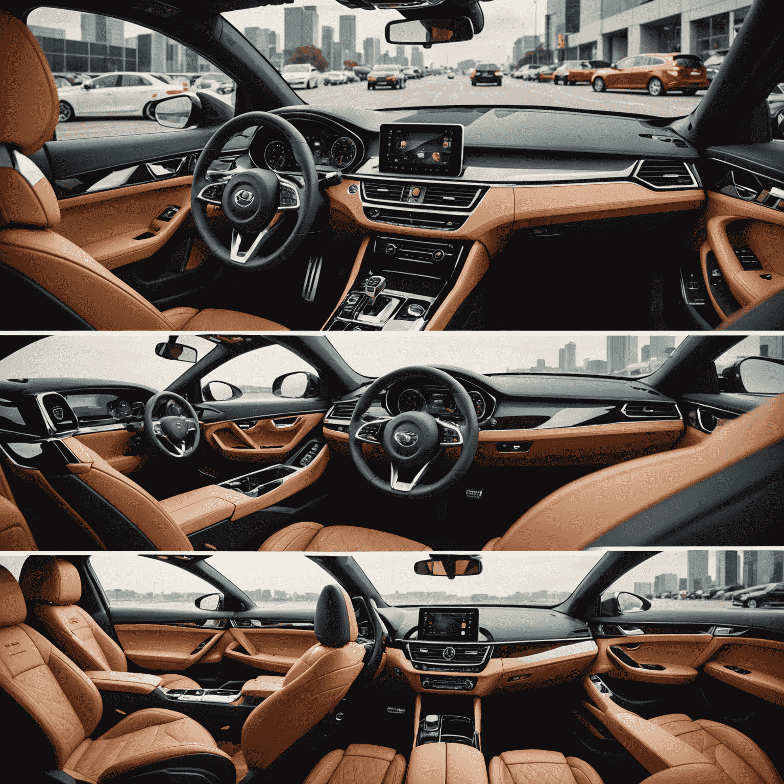 Collage verschiedener Autoinnenräume, die unterschiedliche Prioritäten wie Luxus, Technologie und Komfort zeigen