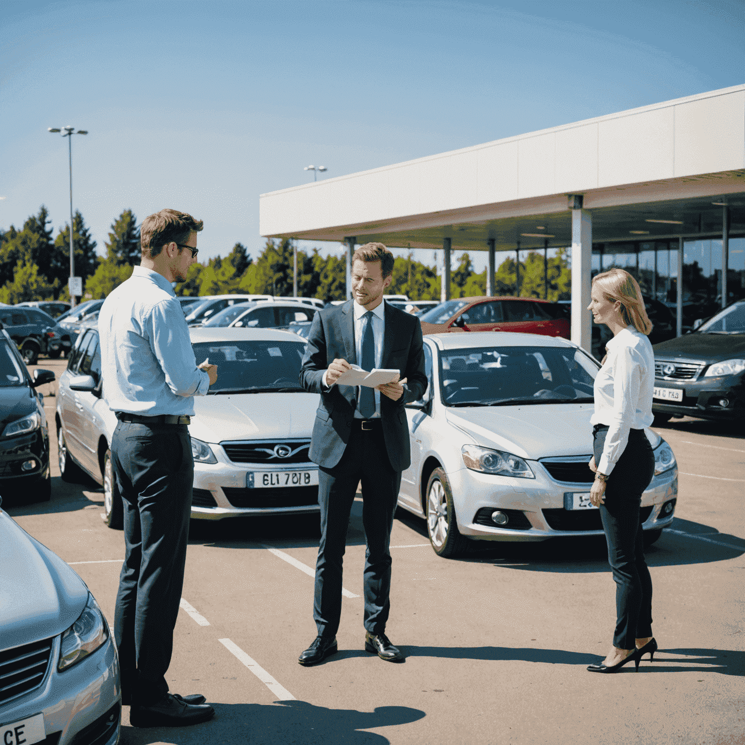 Ein Kunde, der einen Gebrauchtwagen inspiziert, mit einem Verkäufer, der die Fahrzeugdetails erklärt. Im Hintergrund sind verschiedene Gebrauchtwagen zu sehen.