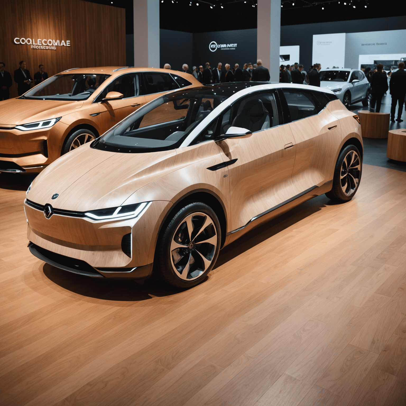 Futuristisches Elektroauto-Konzept mit Holzinterieur neben einem modernen, effizienten Verbrenner auf einer Ausstellung