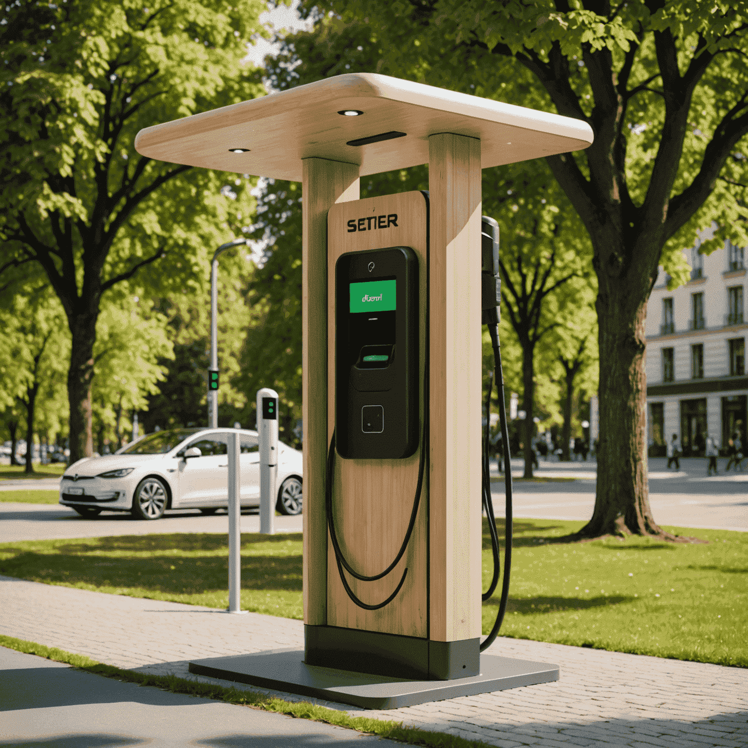 Elegante Ladestation für Elektrofahrzeuge in einer parkähnlichen Umgebung. Die Station ist aus nachhaltigen Materialien gefertigt und fügt sich harmonisch in die Natur ein.