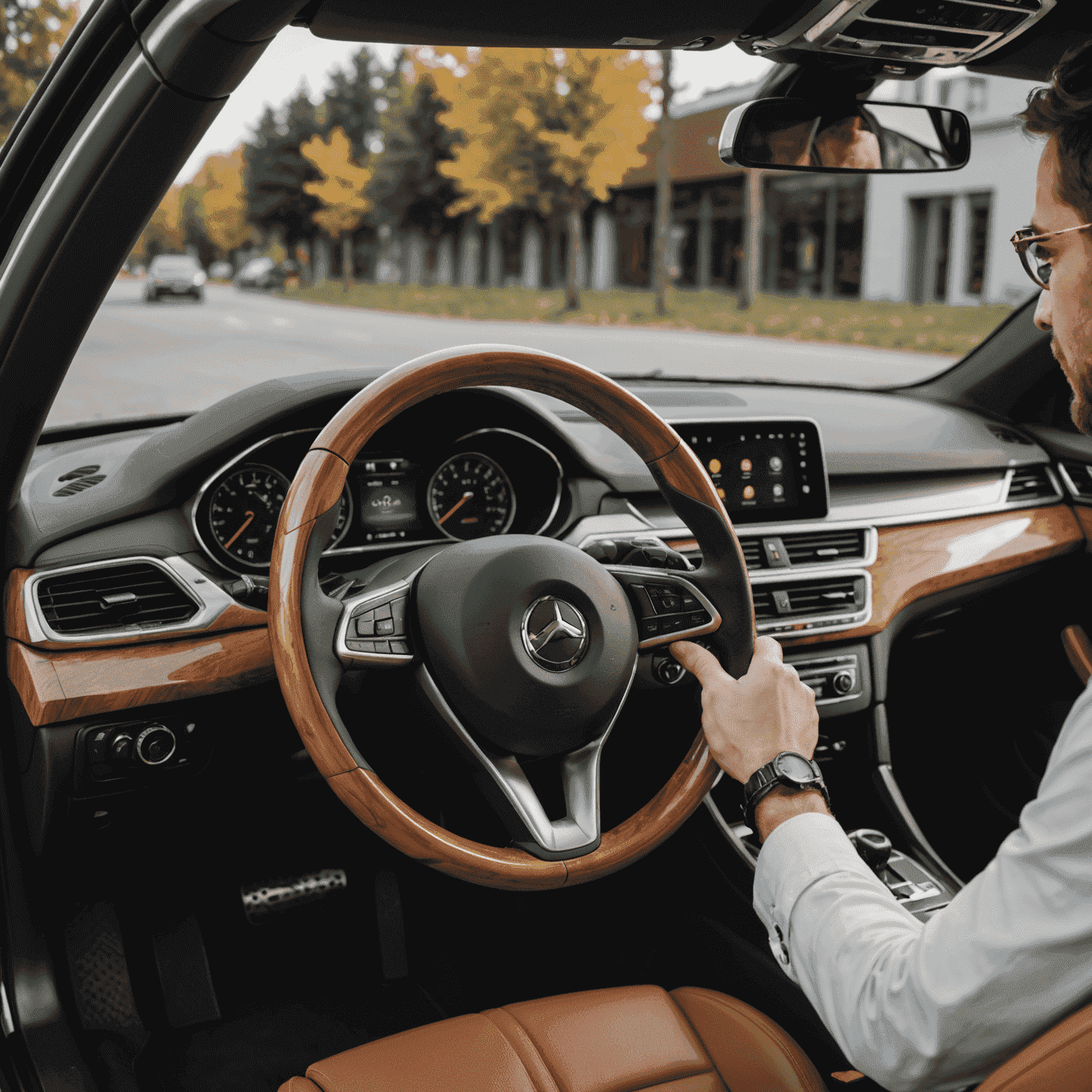 Eine Person bei einer Probefahrt, die das Lenkrad eines modernen Autos mit Holzelementen im Innenraum hält