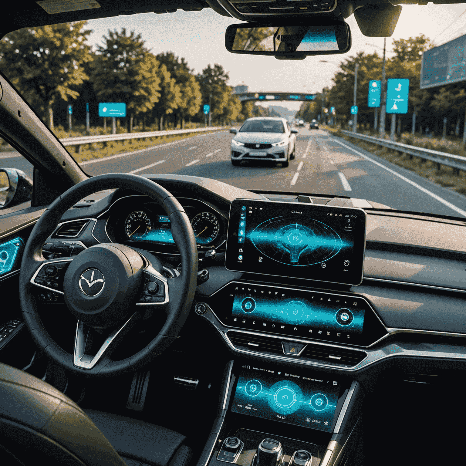 Futuristisches Autodashboard mit Hologramm-Display, das verschiedene innovative Technologien wie autonomes Fahren und vernetzte Systeme zeigt.